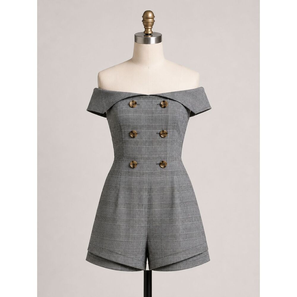 Maeve Anthropologie Romper Size 6 Gray Plaid Off Shoulder Button Front